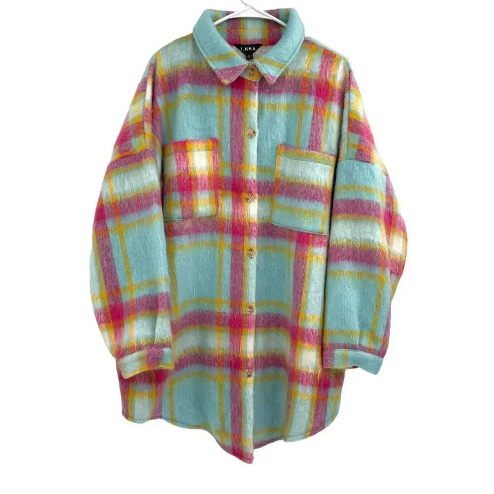 J. NNA Women's Multicolor Plaid Shirt Jacket Long Sleeve Button Up Size L